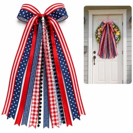 Large Patriotic Wreath Sash with Clip, 4th of July Red White and Blue Ribbon Bow for Front Door, Independence Day Memorial Veterans America 250th Anniversary Decorations
