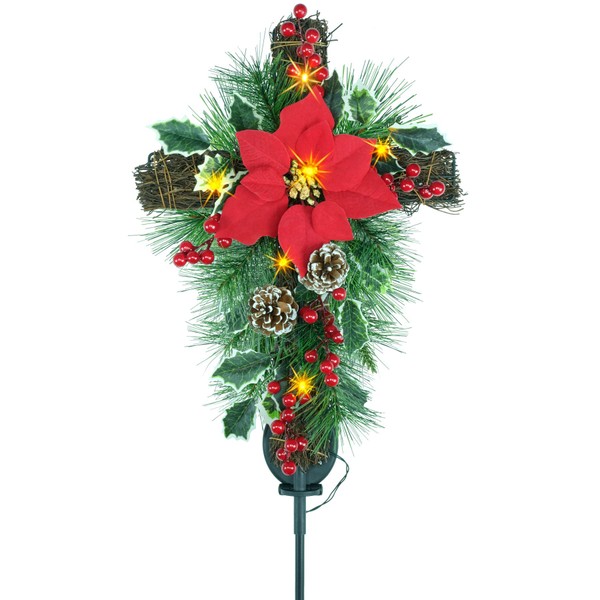 YULETIME 36" Christmas Cross Stake, Solar Powered with 6 Fairy Lights, Metal Cross, Natural Rattan, Red Poinsettia & Berries, Pine Cones, Pine Needles (Red)