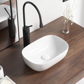 Small Vessel Sink Bowl Above Counter, QISHKA 14" x 10" Ceramic Oval Modern Bathroom Sink White Vanity Sink Lavatory Art Basin