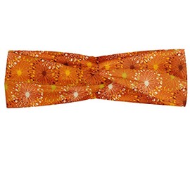 ABAKUHAUS Orange Bandana Headscarf, Grunge Radial Pattern, Abstract Floral Inspired Doodle Hand Drawn Flowers, Elastic and Comfortable Everyday Accessories, Yellow, Brown, White, Yellow, brown, white