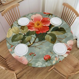 Pardick Elegant Ethnic Flower Round Fitted Tablecloth with Elastic Table Cover Round Elastic Tablecloth, Waterproof Wipeable Fitted Table Cloth, Fits Tables up to 45"-50" Diameter