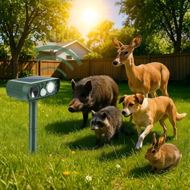 Solar Powered Ultrasonic Animal Repellent, Waterproof Motion Detection System, Yard Farm Garden Outdoor Deterrent Squirrel Rabbit Bird Dog Cat with LED Flashing Lights