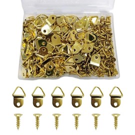 TUDOUZZZ 100 Pcs Gold Triangle Hanging Cans Picture Frame Hooks Hanging Hardware with Wood Screws for Fixing Picture Frames 0.9 x 0.4 inches (22 x 10 mm) Hanging Hardware with Storage Box
