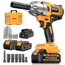Takuoo Cordless Impact Wrench 1/2 Inch, Brushless Impact Gun 1200N.m (900ft-lbs) High Torque, 3300RPM w/ 2x 4.0Ah Battery, 6 Sockets/8 Drills/6 Screwdrivers, Power Electric Impact Wrench for Home Car