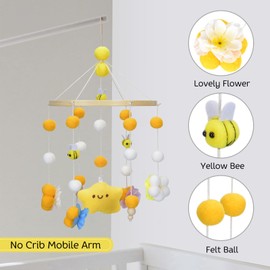 Baby Crib Mobile with Bees, Flowers, and Leaves, Crib Nursery Mobile for Baby Nursery Decor Soothe BabyShower Set for Infant Bedroom Hanging Decoration (Yellow bee)