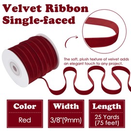 HUIHUANG Red Velvet Ribbon 3/8 inch x 25 Yards Single Face Vintage Velvet Ribbon for Gift Wrapping, Christmas Tree Ornaments, Wreath Decor, Invitations, Hair Bows, Flower Bouquet, Home Decor