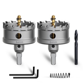 METOTY 2PCS 2-1/2''(64mm) Metal Hole Saw,Heavy Duty Tungsten Carbide Tipped Hole Cutters Set with a nitrided Step Drill and L-flench, for Steel Iron,Aluminum,Stainless stell,Plastic​