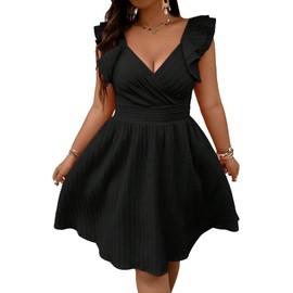 Floerns Women's Plus Size Wrap Front Sweetheart Neck Ruffle Cap Sleeve A Line Dress Black 3XL