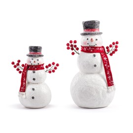 DEMDACO Holly Lodge Snowmen Berry Branch White, Black, Red Lg. 10 Inch, Sm. 7.5 Inch Paper Pulp, Acrylic Festive Holiday Décor, Christmas Decoration Figurine Set of 2