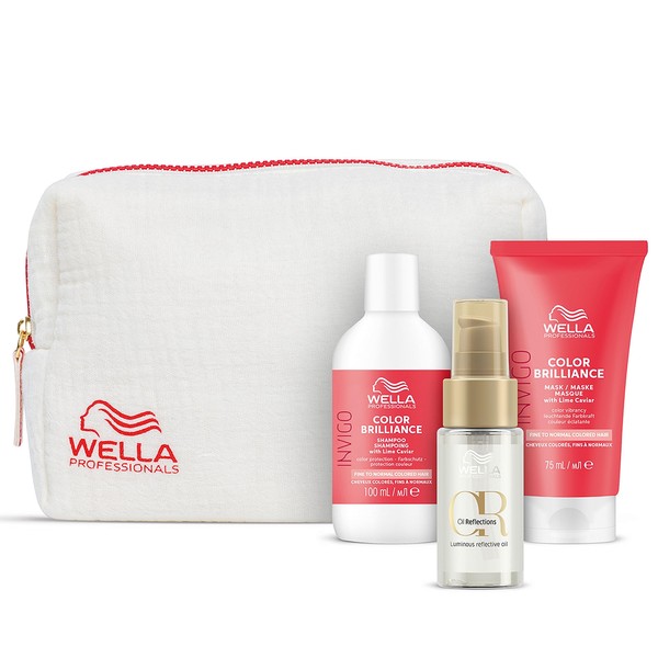Wella Professionals Invigo Color Brilliance Travel Set for Fine Hair - Colour Protecting Care - Set of 100ml Shampoo, 75ml Hair Mask and 30ml Oil Reflections Light Hair Oil - Includes Cosmetic Bag