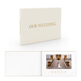 ILUUK OUR WEDDING - GOLD FOIL Luxury Linen Bound Video Book Video Album Up to 2.5 hours of video, 7” IPS Display, 4GB of memory & Rechargeable Battery (OUR WEDING), White