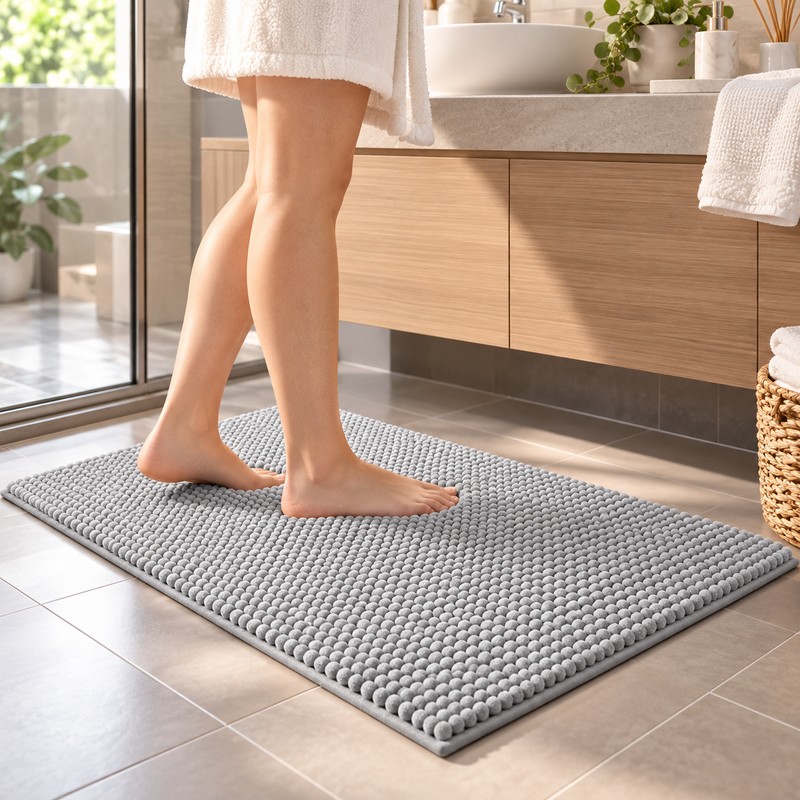 Grey Chenille Bath Mat Water Absorbent Non-Slip Rug – Soft