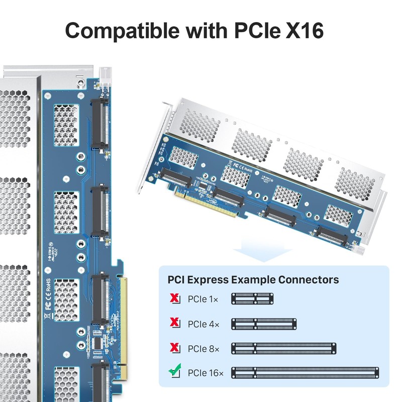#10Gtek# PCIe 3.0 to (4) U.2 SFF-8639 Adapter, X16, for