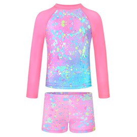 Girls Swimsuit Size 10-12 Years Old Colorful Graffiti Bathing Suit Long Sleeve Rash Guard with UPF 50+ Sun Protection