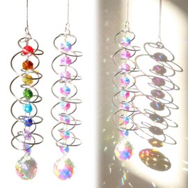 COZERI Pack of 2 Crystal Suncatcher Wind Chimes with Spiral Rotor, Decorative Wind Chimes for Garden, Window, Balcony, Colourful Rainbow Light Effects