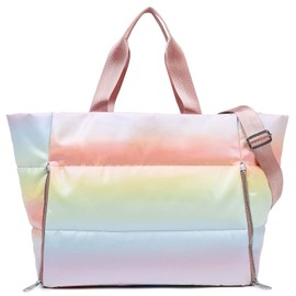 Bagtopia Tote Bag for Women, Large Quilted Puffer Women Tote Bag with Zipper, Lightweight Puffy Shoulder Handbag with Yoga Mat Holder & Crossbody Bag for Travel, Work, Beach, Gym, Shop (Pink Colorful)