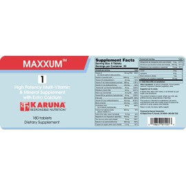 Karuna MAXXUM 1 | 180 Vegetarian Capsules | Multivitamin and Mineral Formula, Lutein, Lycopene, Boron, Vanadium, Iodine, Calcium, Magnesium, Vitamins A. B. C, D, E, K, zinc, folic Acid