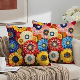 THISFIND Colorful Floral Linen Pillowcases Set - 2-Pack Decorative Throw Pillow Covers with Vibrant Flowers - Soft & Durable Cushion Covers for Couch, Bed, Sofa - 18x18 inches