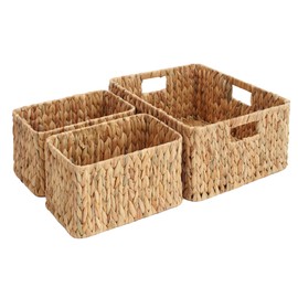 JS HANGER Wicker Basket, Large Baskets for Organizing, Storage Basket with Built-in Handles, Water Hyacinth Open Storage Bins for Shelves 3 Pack
