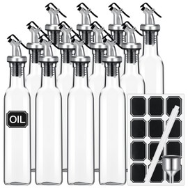 Hushee 15 Pcs Clear Glass Olive Oil Dispenser Bottles Sets Include 12 Pcs 8 oz Glass Bottle with Spout Oil Vinegar Cruet Container for Kitchen with Stainless Steel Funnel Black Labels with White Pen