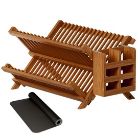 Greenual Teak Dish Drying Rack with Utensil Holder, 2 Tier Collapsible Dish Rack, Wooden Dish Racks for Kitchen Counter, Folding Drying Holder with Absorbent Dish Drying Mat