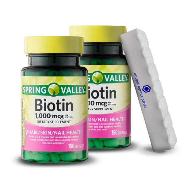 Spring Valley, Biotin 1000MCG, Biotin Softgels, Hair Skin Nails Supplement, 150 Count + 7 Day Pill Organizer Included (Pack of 2)