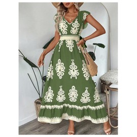 Floerns Women's Tribal Cap Sleeve A Line Dress V Neck Flounce Hem Vacation Maxi Dresses Green Medium