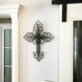 Yamfurvo Antique Wall Mount Layered Cross, Metal Scrolled Wall Art Wall Sculptures Cross with Hook, Decorative Iron Hanging Cross Home Decor, Black