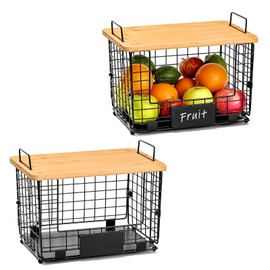 AOZITA 2 Set Stackable Wire Basket with Bamboo Top, Kitchen Counter, Pantry Organizer and Storage, Produce Onion Potato Fruits Vegs Bread Food Snack Spice Organizing Bin for Cabinet Shelf Countertop Floor XL