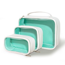 ROWNYEON Clear Makeup Bag Set of 3,Leather Waterproof Cosmetic Bag,Travel Makeup Bag for Women,Portable Toiletry Bag Train Case with Zipper Handle White