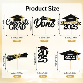 Moorle 24 Stück 2025 Graduation Cupcake Toppers, Schwarz Gold Abschlussfeier Cupcake Toppers, Glitzer 2025 Abschluss Tortendeko, Bachelor Hut Deko, Abschluss Party Dekoration