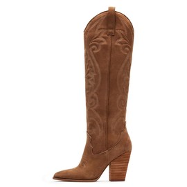 VOMIRA Knee High Cowboy Boots Suede Boots for Women Pointed Toe Chunky High Heels Pull-on Embroidered Boots Western Boots Wide Calf Cowgirl Boots