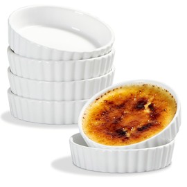 ONEMORE Ramekins, Creme Brulee Ramekins 8 oz Oven Safe White Porcelain Small Baking Dishes for Individual Serving, Fluted Shallow Soufflé Dishes Quiche Dish Mini Tart Pans Sauce Ramekin Set of 6