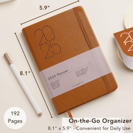 2025 Planner (Caramel) - 8.1" x 5.9" Soft-Touch PU Leather Yearly Agenda - Non-Bleed Paper - Efficient Monthly, Weekly & Daily Layout - Non-Bleed Paper - Bookmark - Elastic Closure -Ribbon Page Marker