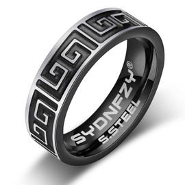 SYDNFZY Mens Wedding Band Ring - Fashion Durable Stainless Steel Engagement Promise Rings for Men Women, 6mm Greek Key Ring for Men Couple Jewelry Gift Ring Size 6 7 8 9 10 11 (Greek key-black, 10)