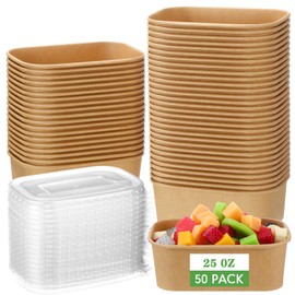 Maxdot 50 Pack Disposable Kraft Paper Bowls with PP Lids Rectangle Paper Food Containers for Lunch Meal Prep,Salad,Ice Cream,Yogurt,Soup Bowls Party Supplies(Brown,25 oz)