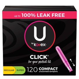 U by Kotex Click Compact Multipack Tampons, Regular/Super Absorbency, Unscented, 120 Count (8 packs of 15)
