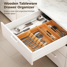 Homaisson Wooden Tableware Drawer Organizer - 16.5 Inch Large Silverware Utensil Tray Holder Multi-Compartment Kitchen Drawer Utensil Tray Flatware Storage for Spoons Forks Knives