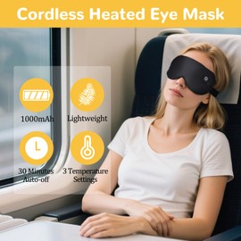 Cordless Heated Eye Mask, Rechargeable Warm Eye Compress for Dry Eyes, 3 Temperature Settings, 1000mAh Battery, Type-C Fast Charging, 30 Min Auto Shutoff, Adjustable & Washable Cover