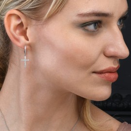 namana 925 Silver Cross Hoop Earrings for Women with Zirconia Stones, Silver Earrings with Cross Charms, Set with Sparkling Zirconia Stones, Cross Earrings for Women Made of 925 Silver, Sterling