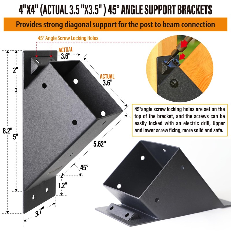 Wocepu 8pack 4x4 (Actual 3.5''x3.5'') Degree Angle Support Brackets, For