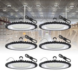 GGTH 6 Pack UFO LED High Bay Light 150W, 15000 LM, 5000K with 5ft Power Cord, US Plug, Bright LED Shop Light for Basement Commercial Factory Garage Lighting, IP66 Waterproof, AC110-277V, ETL Listded