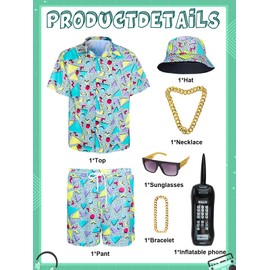 FEELJAM 80s 90s Outfit for Men, Retro Hawaiian Shirts and Shorts Set,Hip Hop Sportswear 7Pcsfor Disco Party (Green, X-Large)