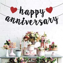 HQKJGSYX 2PCS (16.4ft) Happy Anniversary Banner Glitter Heart Sign Happy Anniversary Garland Decorations Black Wedding Birthday Party Banner Decorations