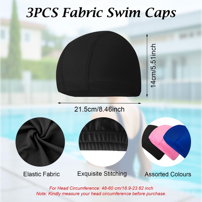 3Pcs Unisex Polyester Swimming Cap, Assorted Colours Fabric Swim Cap,