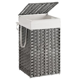 SONGMICS Slim Laundry Hamper with Lid, 14.5 Gallon (55L) Rattan Clothes Laundry Basket with Lid and Handles, Foldable, Removable Liner, Dove Gray ULCB164G01