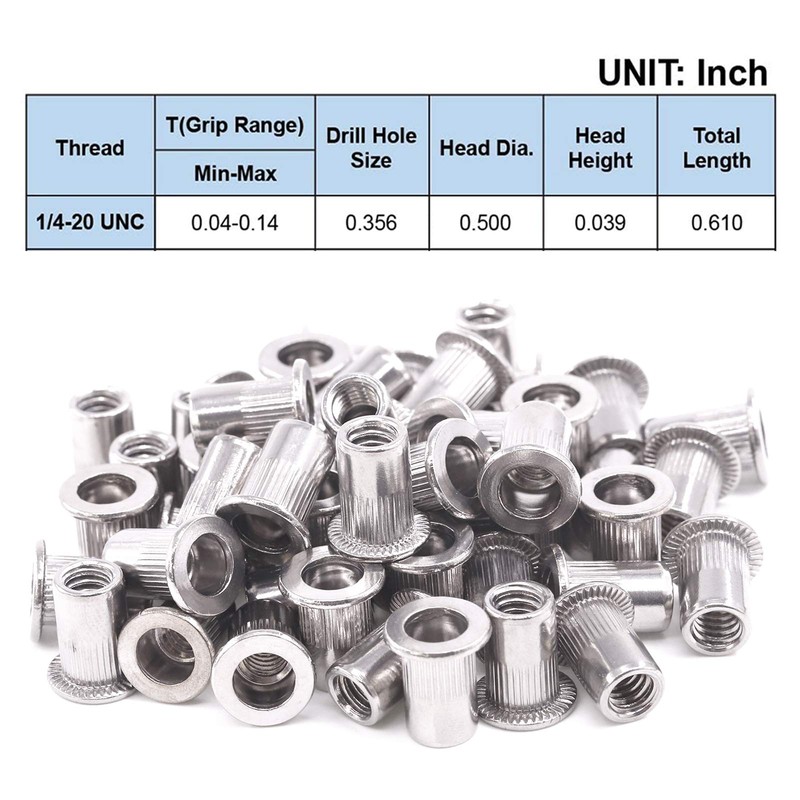 Rustark 50 Pcs 1/4-20'' UNC 304 Stainless Steel Rivet Nuts