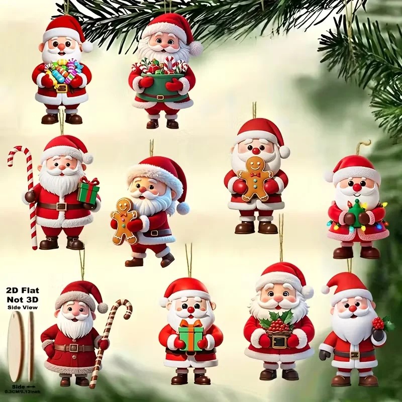 10-Piece Flat Wooden Santa Christmas Ornaments for Tree Decorating –
