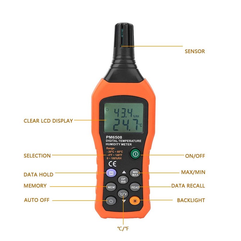 Raguso PEAKMETER PM6508 Digital Humidity and Temperature Meter Hygrometer Thermometer