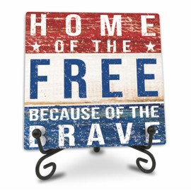 July 4th Retro Wood Plaque With Iron Stand - Home Of The Free Because Of The Brave - 4"x4" Wooden Block Sign, Patriotic Desk Signs, Shelf & Tabletop Decorations, America Memorial Day Supplies - E05